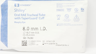 Covidien 76280 Shiley Oral RAE Tracheal Tube W/Cuff 8.0 ID x 10.7 OD x 25.4mm